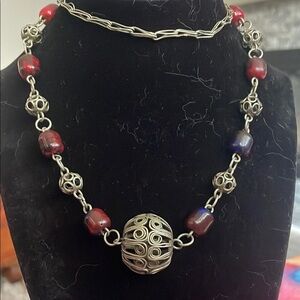 Vintage filegree silvertone  Red Beaded Necklace